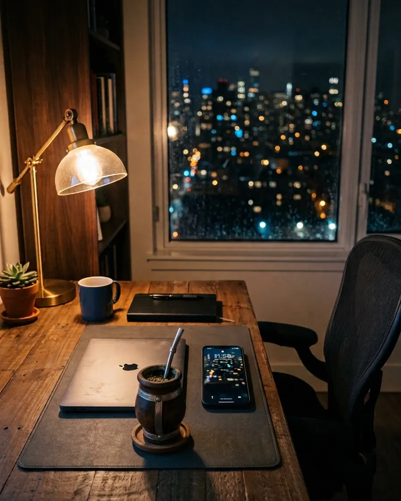 A desk at night with the laptop closed, a phone, and a mate gourd