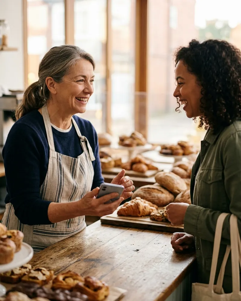 Owner of a bakery chatting with a customer at the counter