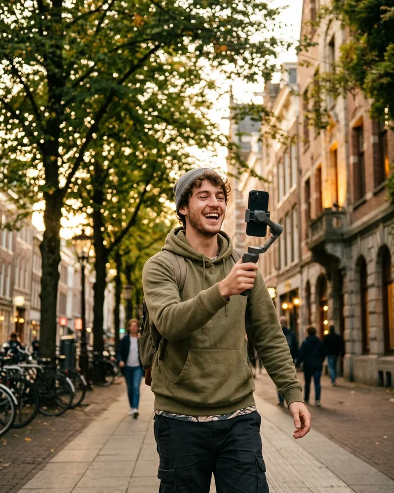 A content creator films himself with his phone on the street