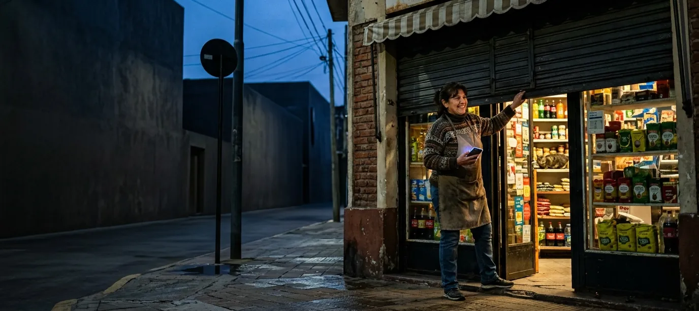 Owner of a neighborhood shop pulling down the shutter at dusk, phone in hand