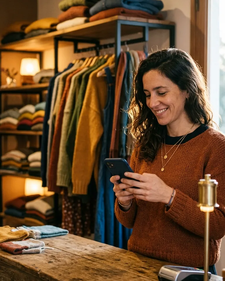 Owner of a clothing store checking her phone behind the counter