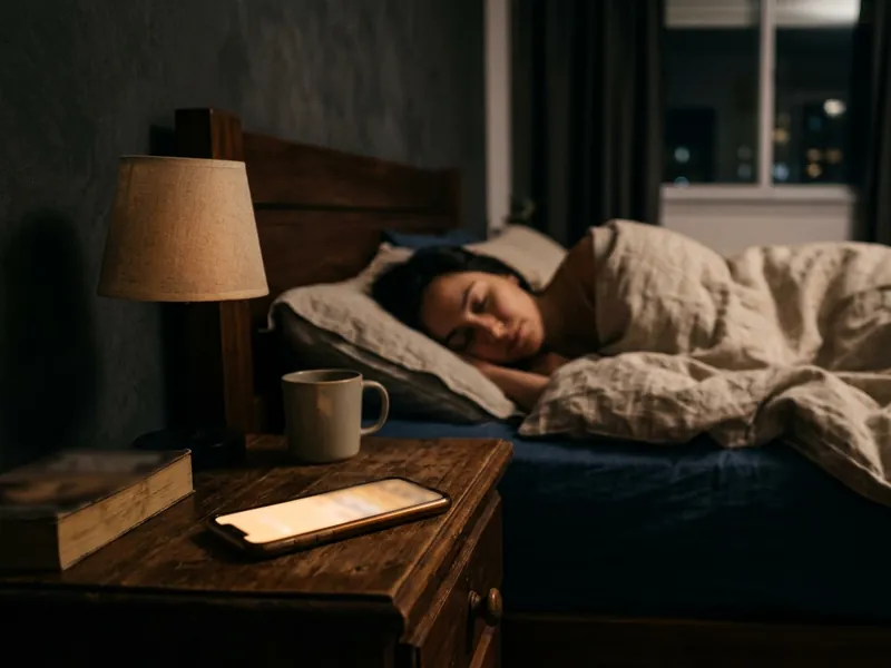 A person sleeps while their phone lights up on the nightstand