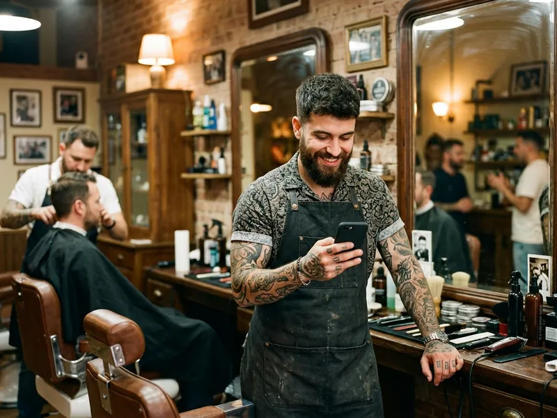 A barber checks his phone between clients