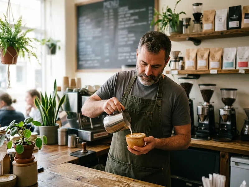 Owner of a café serving a latte