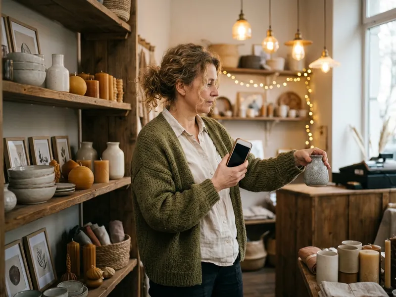Owner of a home decor store arranging candles and ceramics