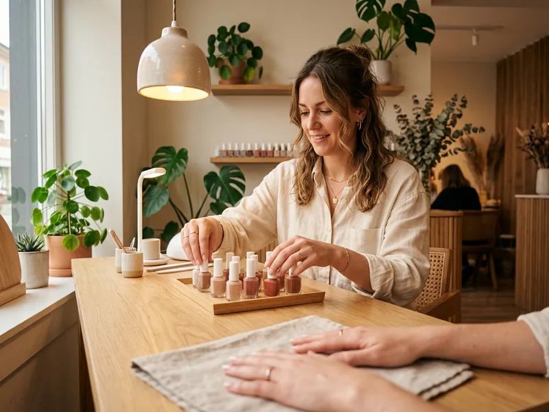 A manicurist arranging nail polishes in her studio